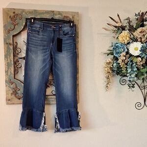 Black Label Denim Flared Jeans with Frayed Ruffle Hem. NWT Size 29